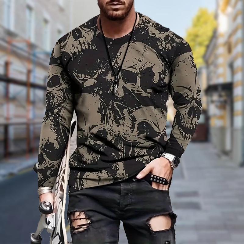 Lengan panjang T-shirt Streetwear Gothic Lengan Panjang Leher Kru Gambar Penuh Tengkorak Antik Pria
