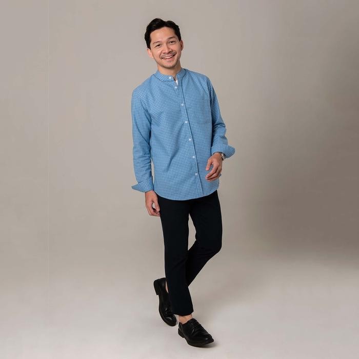 kwf6 Kemeja Kotak Garis Pria Woodcutter Plaid Collarless Shirt Kerah Shanghai - Light Blue