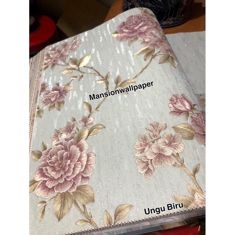 Wallpaper Dinding Murah Bunga Ungu Ulir Mewah 3D