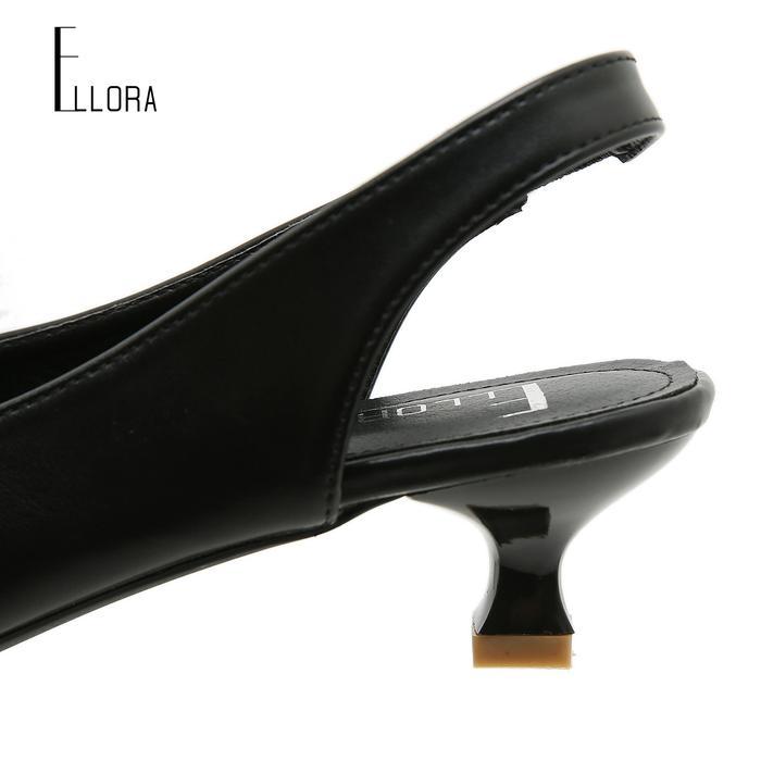 Ellora El-6630 Sepatu Heels Wanita Slingback Premium Black Shoes Pansus Tali Belakang