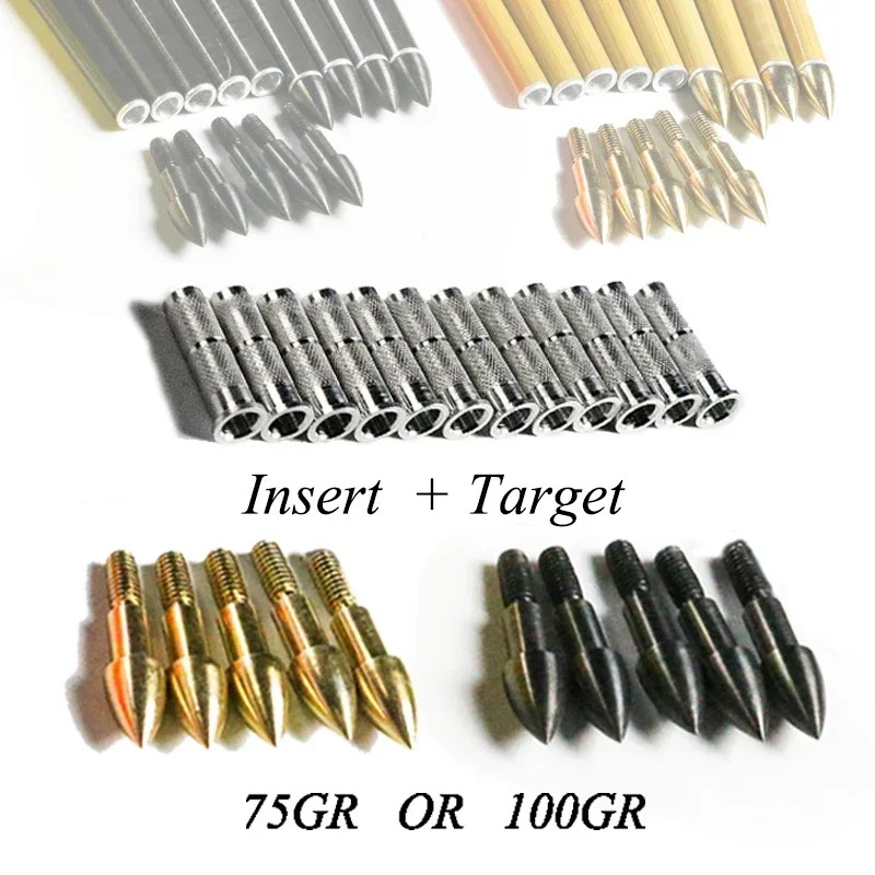 12PCS Arrow Target Point 75gr 100gr + 12PCS Insert for ID6.2 Arrow Shaft Archery Compound Bow