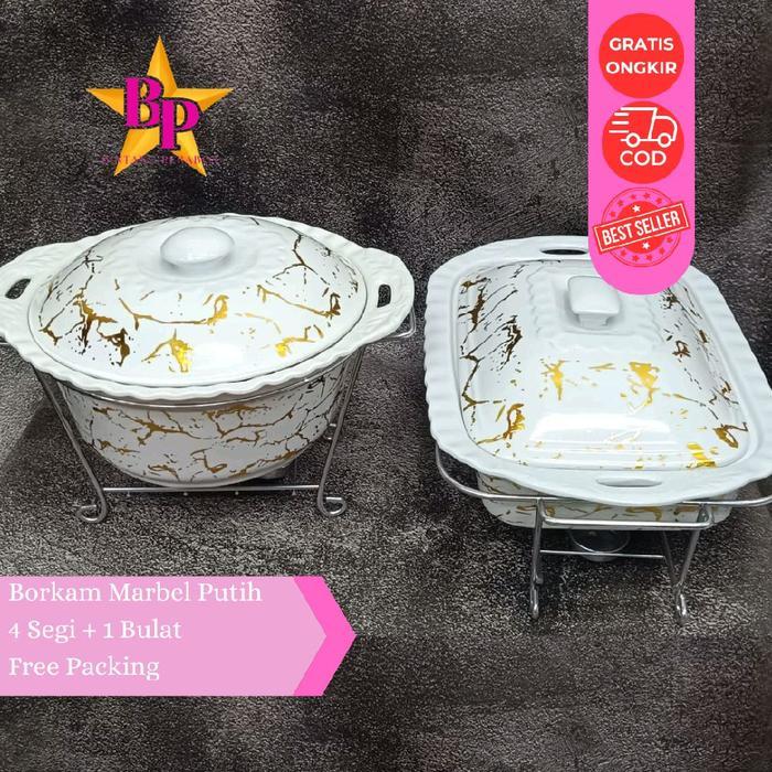 ￼Borkam Keramik Set 4 Segi + 1 Bulat Prasmanan Marbel Putih /Wadah Saji & Panci Penghangat Makanan |