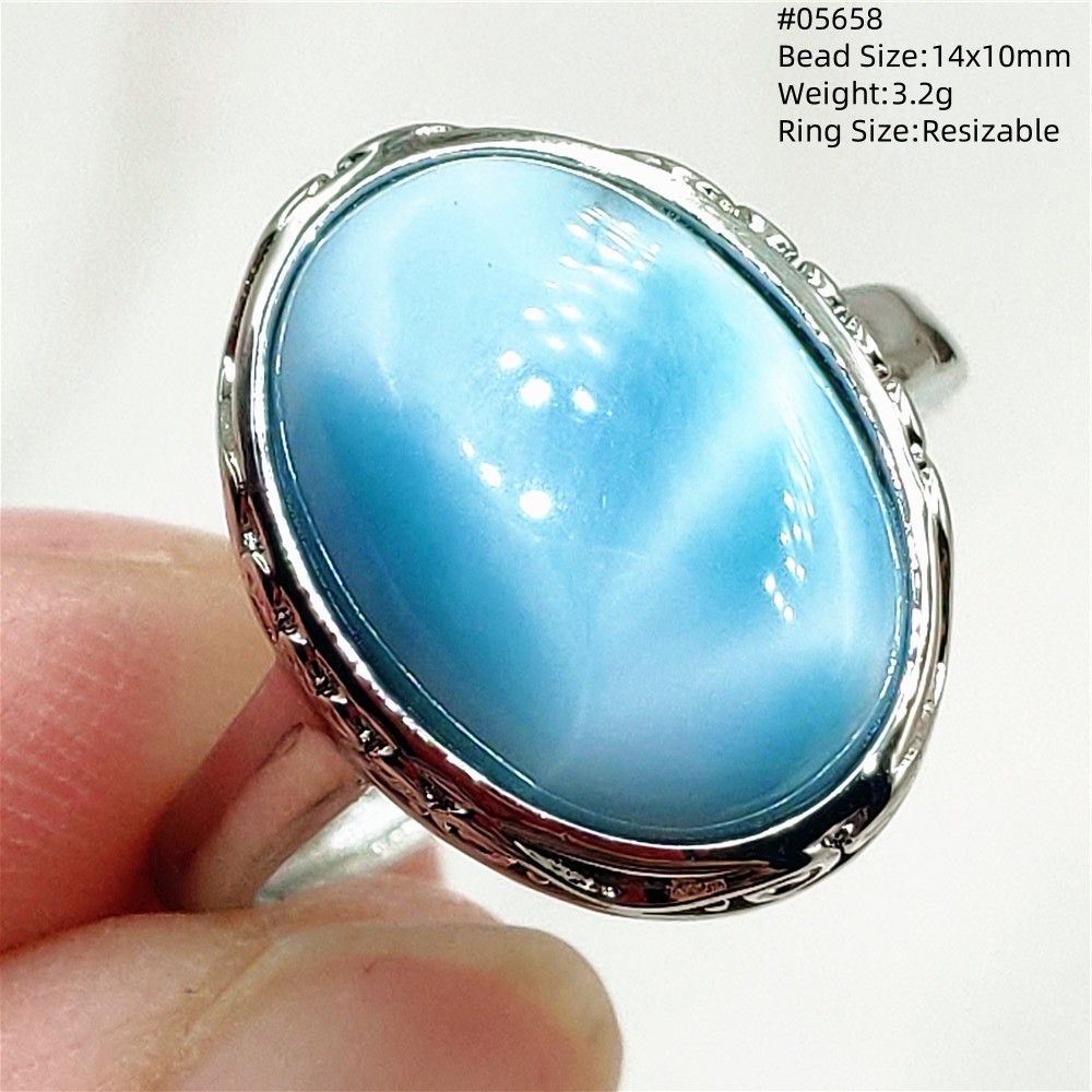 Natural Blue Larimar Ring Jewelry Dominia Larimar Bead Adjustable Rare Larimar Oval Water Pattern