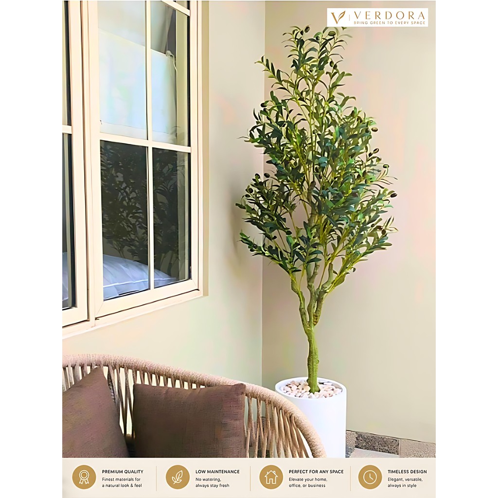 Verdora - Pohon Artificial - Olive - Tinggi: 1.8 m - pot Tabung Sedang Warna Putih Polos