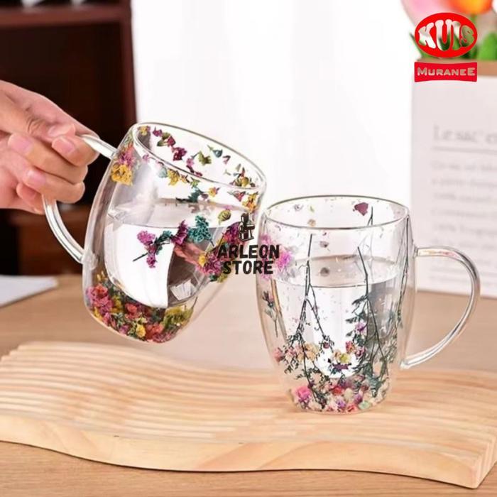 READY Gelas Kaca Double Wall Motif Bunga Gelas Minum Kaca Korea
