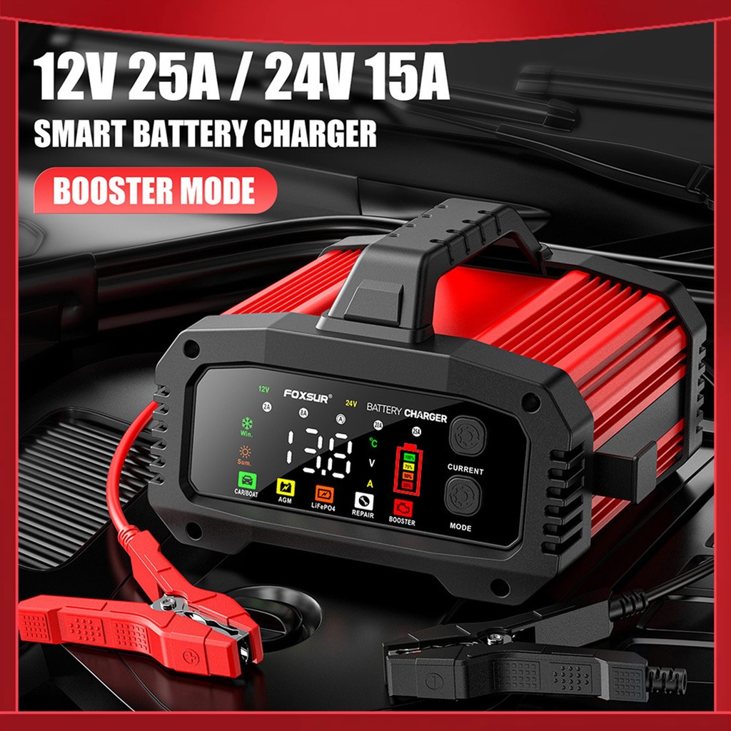 FOXSUR 25A Smart Car Battery Charger 12V/25A 24V/15A Portable Battery Charger Optional Charging Curr