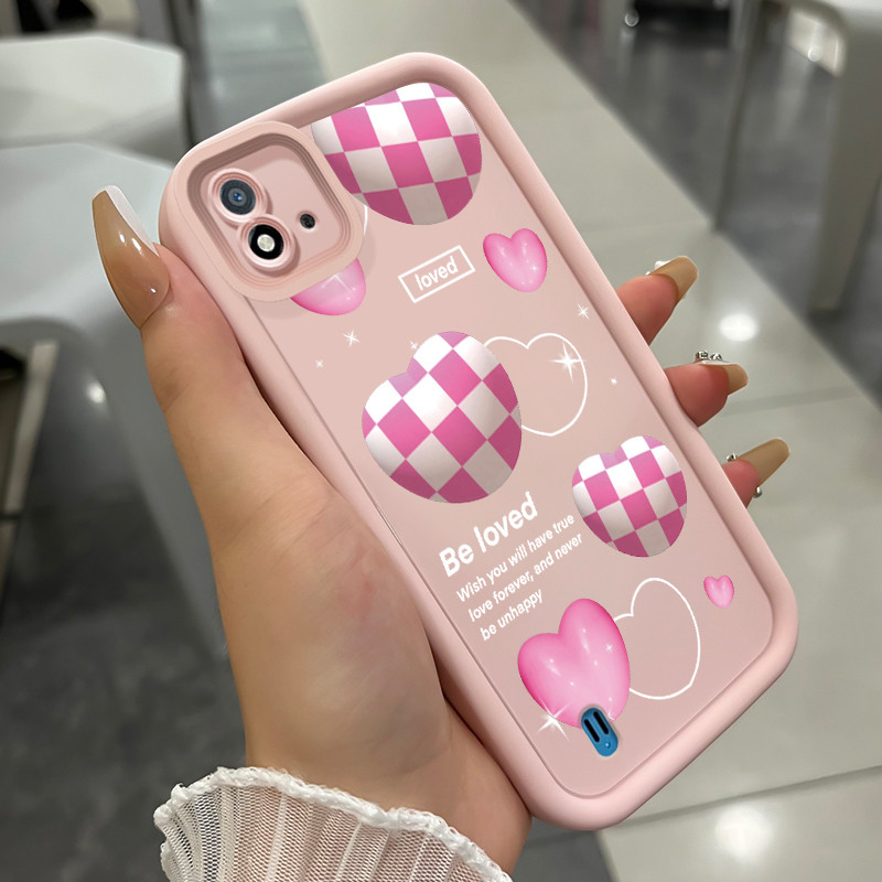Casing Hp untuk Realme C20 C20A C11 2021 C11 2020 Case Casing pola hati motif catur merah muda putih