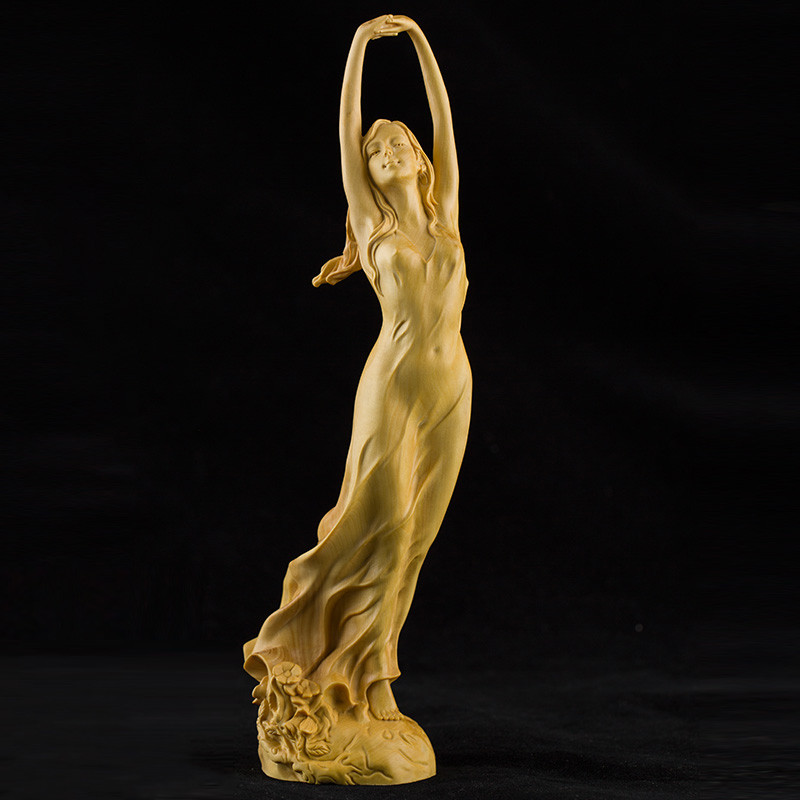 Boxwood Carving Beauty Girl Sculpture Decoration Character Statue Artwork Beauty Modern Chinese Home