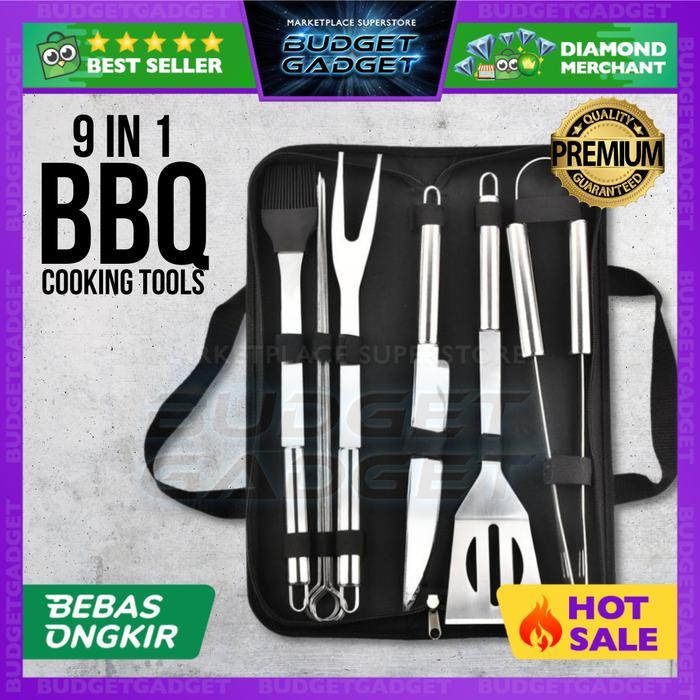 Set Peralatan BBQ Alat Masak Camping Panggang Stainless 9 in 1