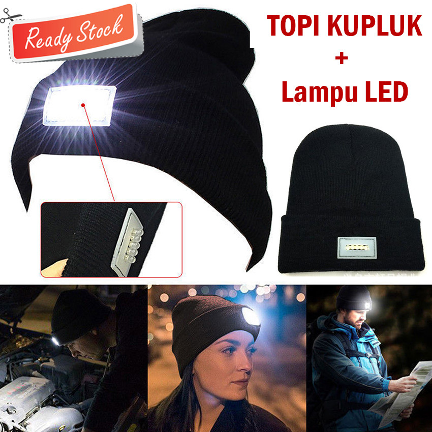 Topi Kupluk Pria Dewasa Camping dengan Senter Kepala LED Headlamp Rajut Winter Fashion Beanie Hat Ci