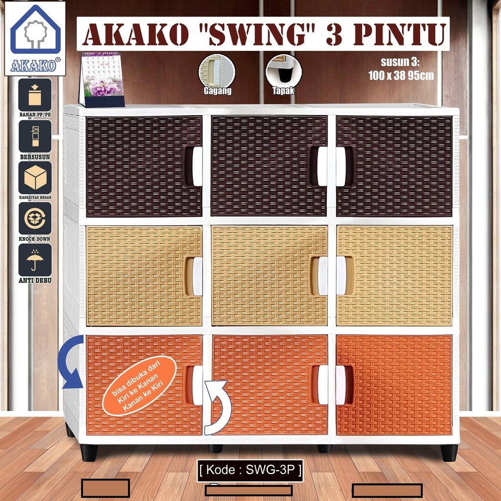 Lemari Plastik Akako Swing 3 Pintu/Lemari Pakaian Akako/Lemari Penyimpanan Serbaguna Akako/3 Pintu