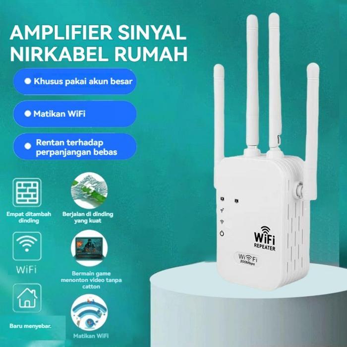 TERBARU WiFi Repeater 300Mbps - Penguat Sinyal WiFi Jarak Jauh 500 Meter, Extender Wireless 4 Antena