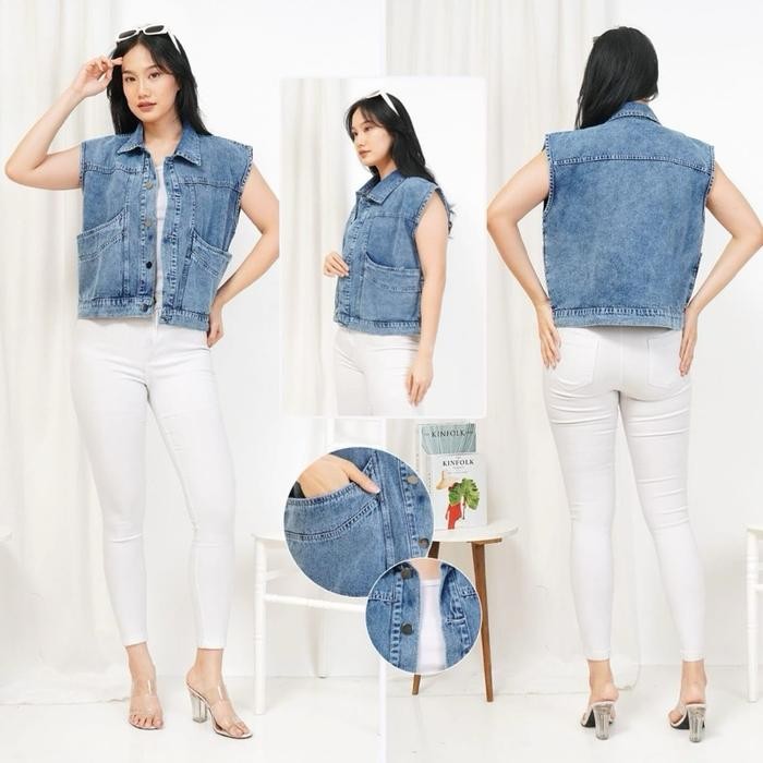 Angtiw - Rompi Vest Jeans Loona Rompi Jeans Wanita Dewasa Rompi Tanpa Lengan Pendek