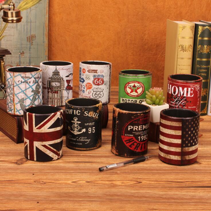 Sharkbang Vintage PU Leather Desktop Pen Holder Desk Organizer Storage Box School Office Stationery 