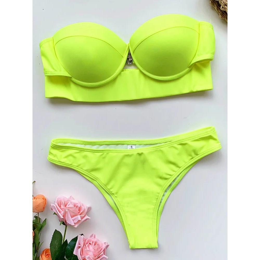 Neon Green Push Up Bra Cup Bikini Women Bandeau Swimsuit Female Swimwear Two Pieces Bikini Set