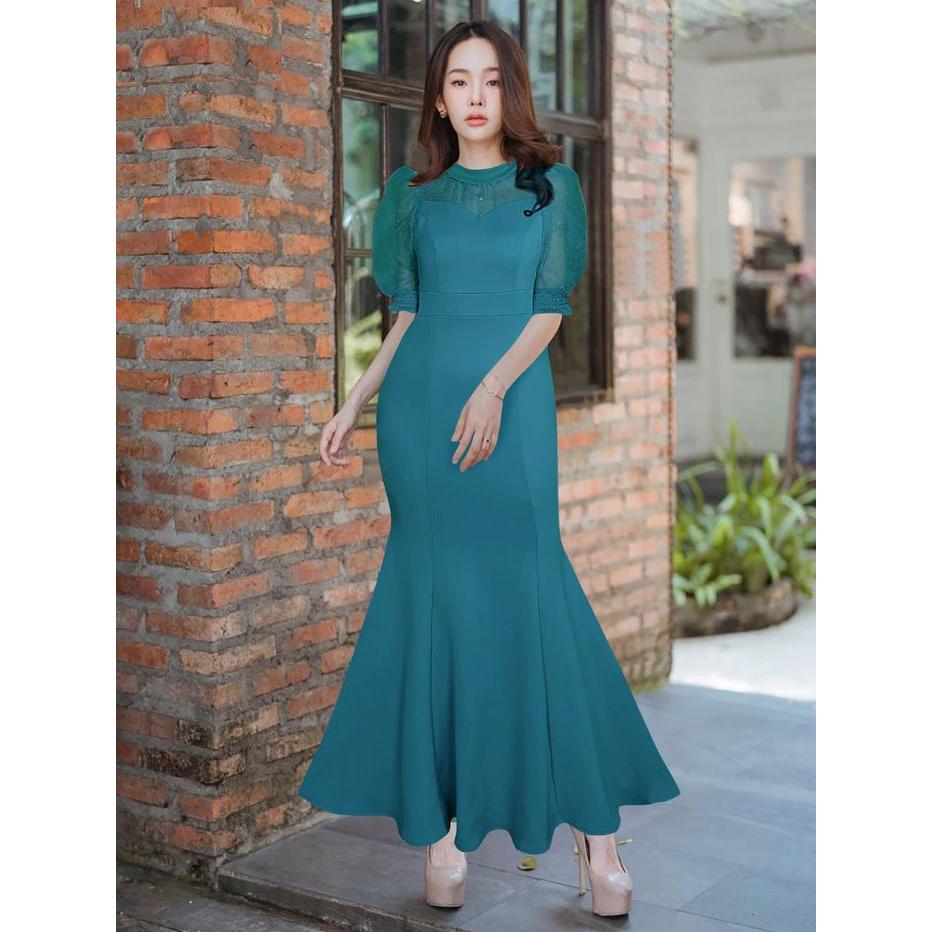 LooWear- Dress Pesta Wanita Mewah Elegan Lengan Puff Tile 3/4 Rok Duyung Mermaid Bahan Scuba Premium