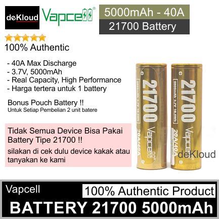 Safetr- Original Vapcell 5000Mah 21700 Battery Batre Baterai Cas Batere
