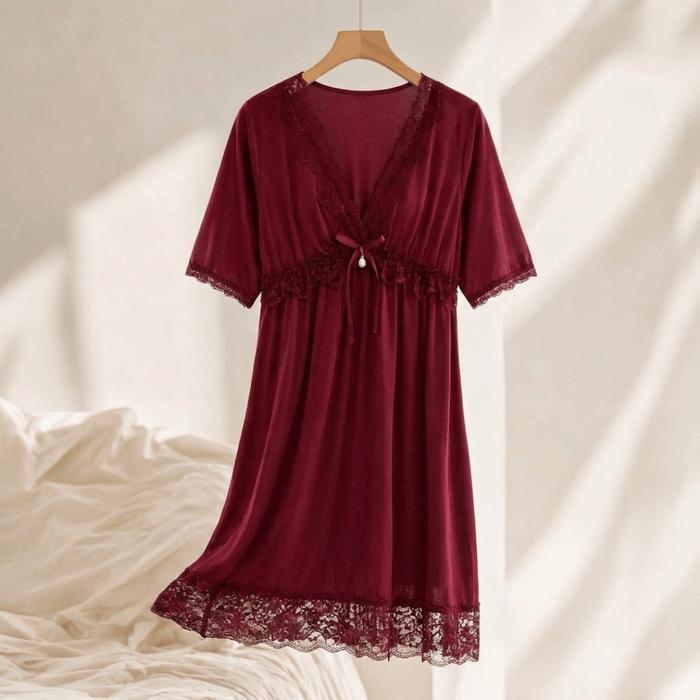 Scelta - Lingerie Underwear Gaun Malam Wanita Bordir Renda Lengan Pendek Pilihan Warna Merah Coklat
