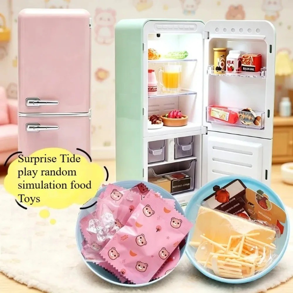 4 Macaron Shades Mini Fridge Blind Box Kit: Random Food Miniatures,Mini Table & Chairs,Fun Blind