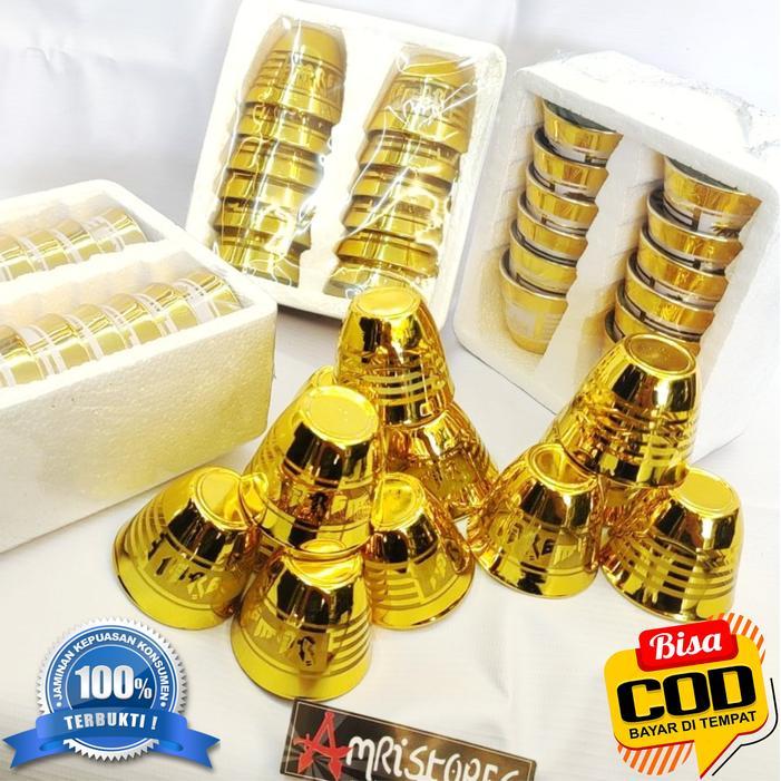 Promo Gelas Zam Zam Gelas Cucing Kaca Warna Emas Gold Berkilau Cangkir Sloki Zamzam Mewah Exclusive