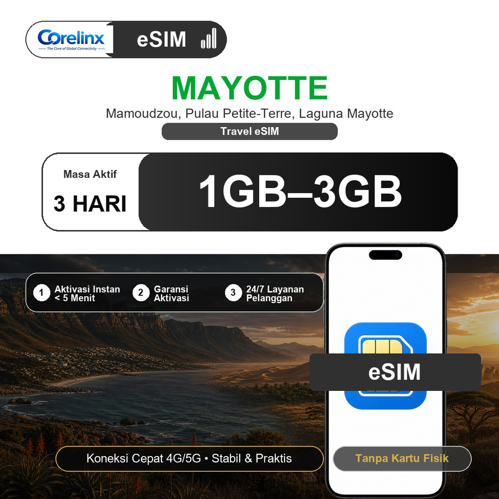 eSIM Mayotte 1GB-3GB 3 Hari Travel eSIM Data Internet Roaming 4G/5G QR Instan Langsung Aktif Corelin