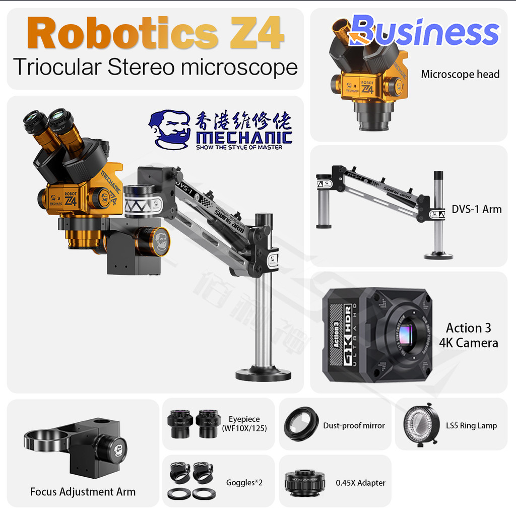 MECHANIC ROBOT Z4 Trinocular Stereo Industrial Microscope Continuous Zoom with DVS-1 Arm Adjustable