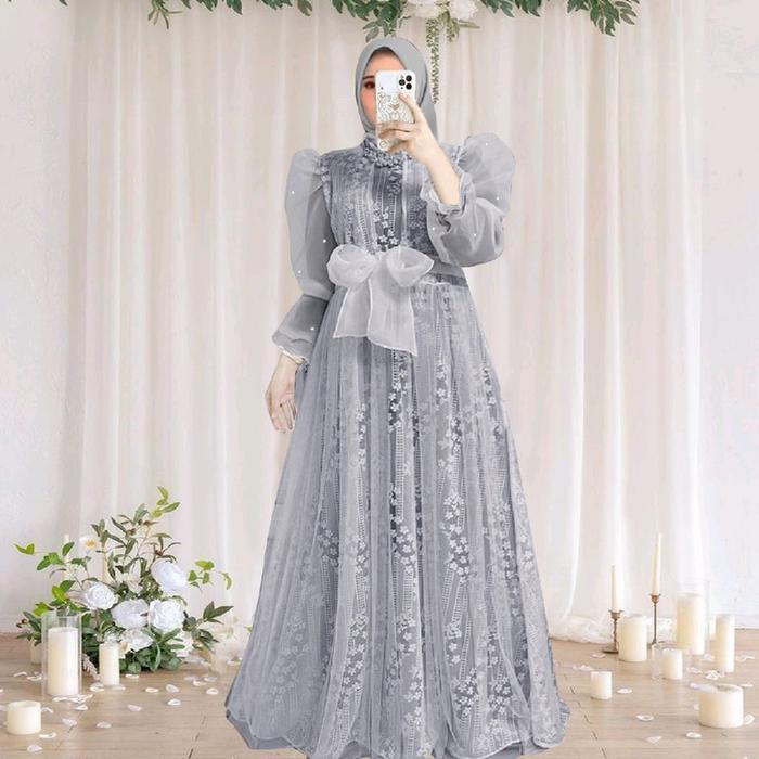 O2Fashion maxi Alysa pakaian muslim bahan brukat malika import lapis furing layer tile busui sleting
