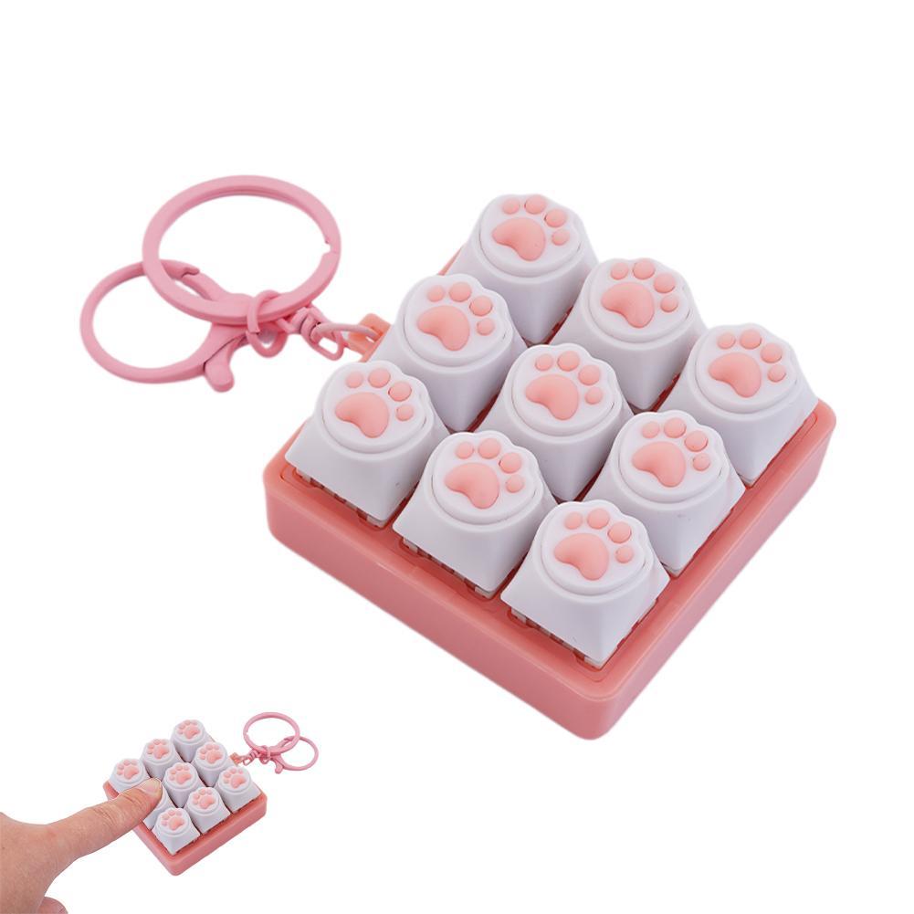 Cute Cat Paw Fidget Keyboard Keychain 9-Key Decompression Button Keychain Toys for Finger Squeeze