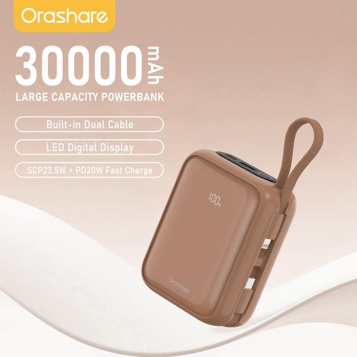 Orashare PCM30 30000mAh Powerbank Kecil Built In Dual Cable 22.5W Fast Charge 4 Output & 1 Input,