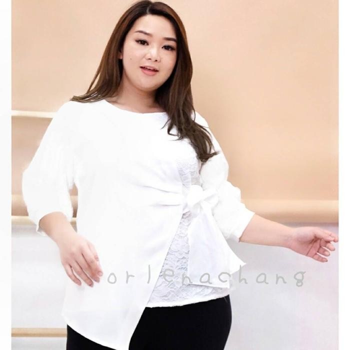 PREMIUM blus putih wanita pita ikat samping kombinasi brukat perancis best seller