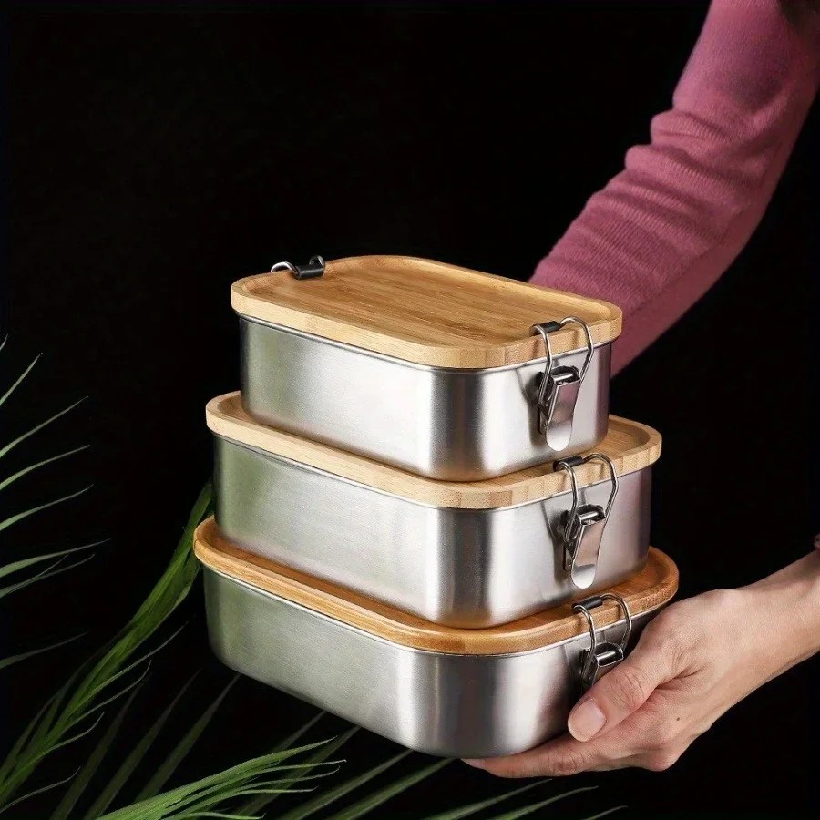New 304 Stainless Steel Bamboo Lid Lunch Box, Japanese Style Lid Preservation Box, Lunch Box, Lunch