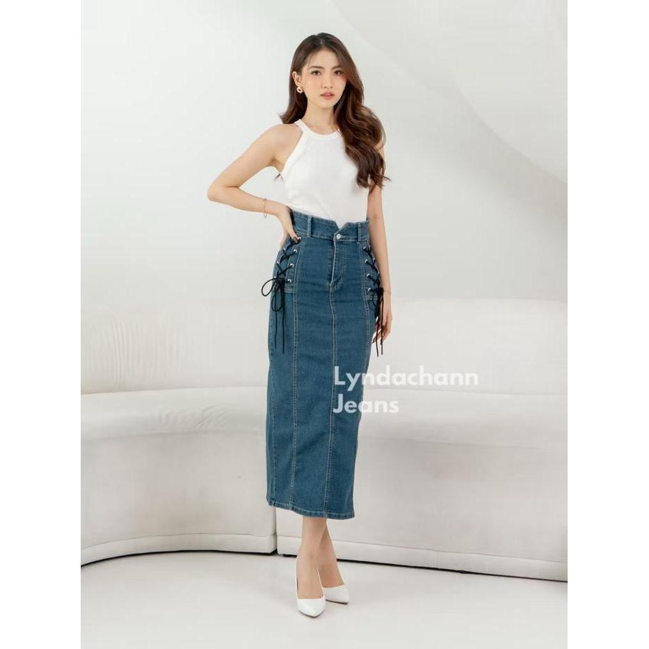 elsi- Lyndachann - Riyu Rok Jeans Tali Panjang Bawahan Wanita Premium Denim Cewek