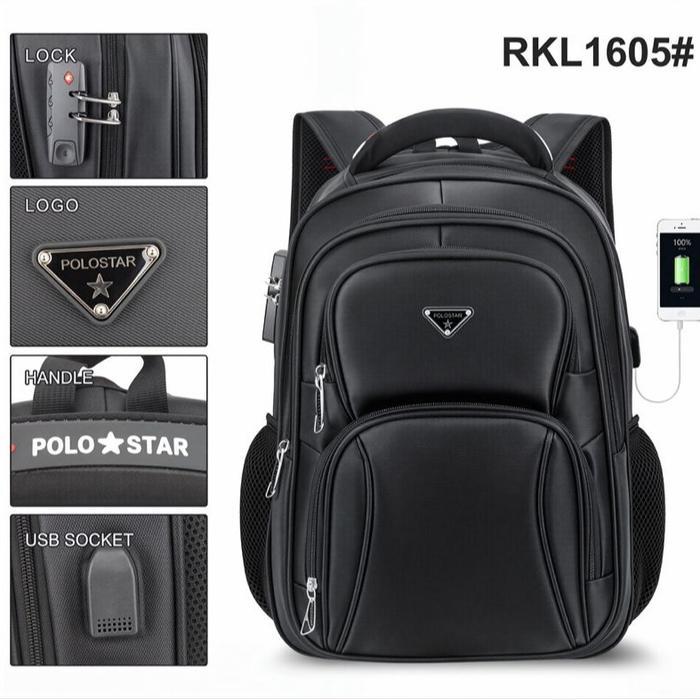 POLO STAR Tas Ransel Laptop Backpack Pria Wanita Sekolah Tas Punggung Laptop Gembok USB Port