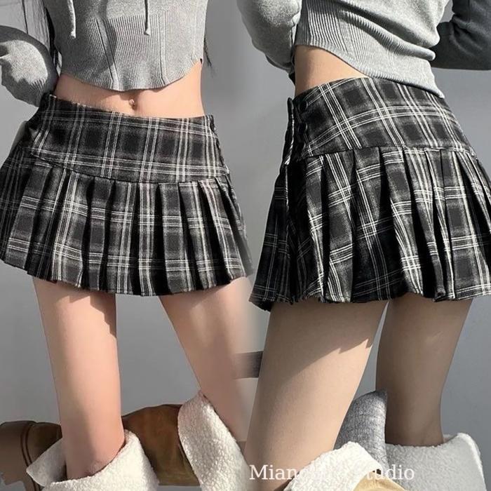 Rok Pendek Lipit Bergaris Pinggang Tinggi Wanita Korea Rok Lipit A-line Ramping Terbaru