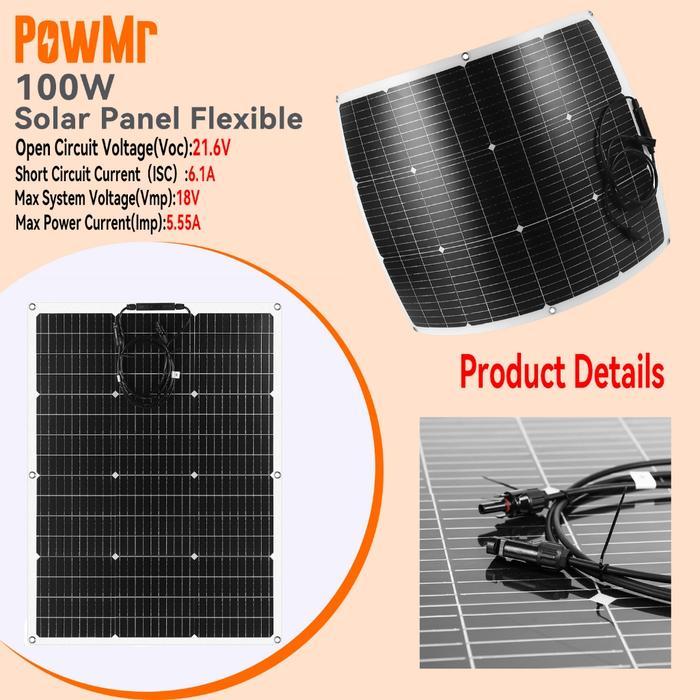 [Toko Resmi] PowMr 100W Panel Surya Fleksibel Sel Surya Monokristalin Kabel DIY Luar Ruangan Mobil