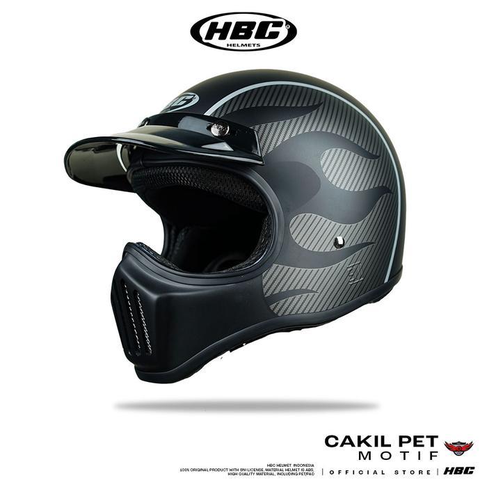 Helm HBC Cakil Pet FIRE CARBON Helm Retro Full Face - BLACK DOFF, PET HITAM