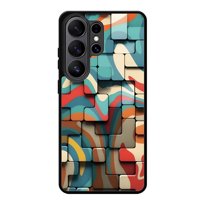 Retro Geometric Tiles Abstract | Colorful 3D Modern Tetris Pattern  Hybrid Case Casing Custom Samsun
