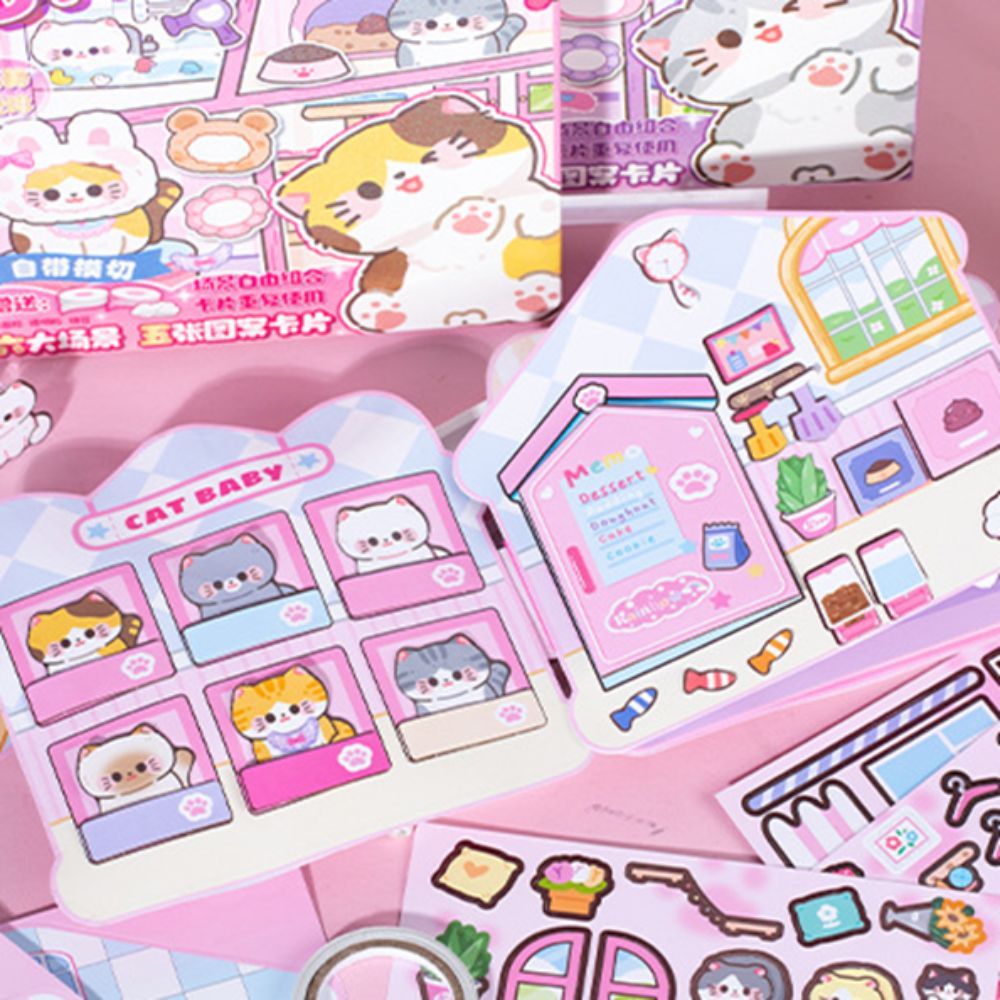 Montessori Magnetic Quiet book Handmade Paper Cat Sticker Book 3D Hand Ledger DIY Busy Book Girls