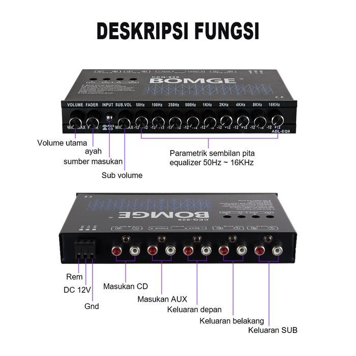 READY BOMGE CEQ928 Equalizer Audio Mobil 9-Band, Equalizer Grafis Mobil dengan Output Depan,