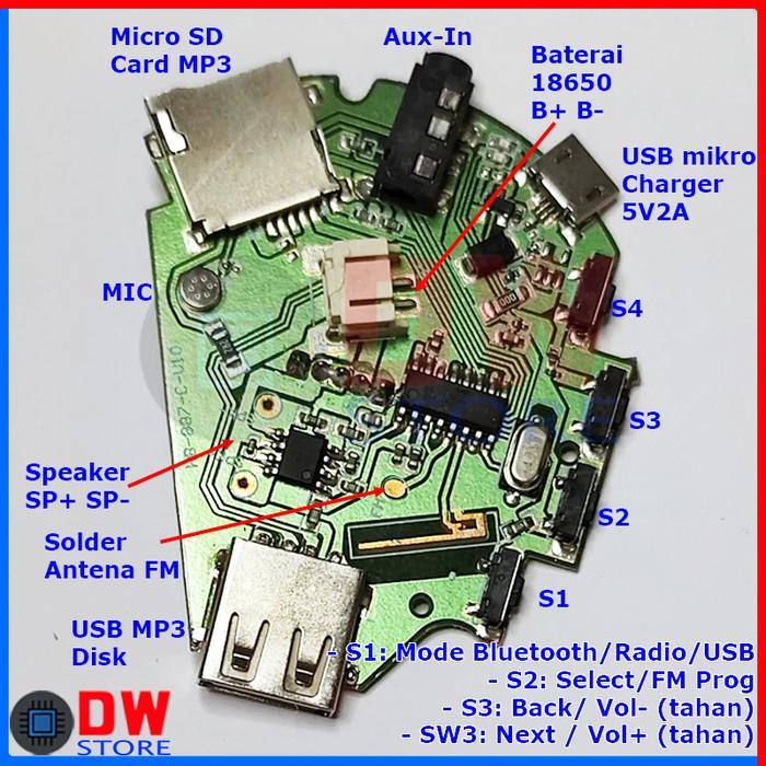 PCB Modul Bluetooth Audio USB MP3 Player Micro SD Card Aux Input Mono 3W Amplifier Baterai Lithium