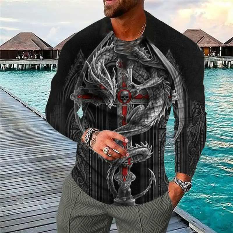 Lengan panjang Pria Gothic Tengkorak Naga 3D Cetak Kru Leher Lengan Panjang Streetwear Tee