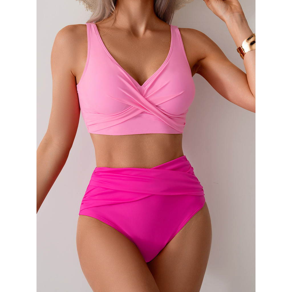 Vintage Hot Pink Patchwork Bikini Women V Neck Cross Pleate High Waist Swimsuit 2025 Holiday Bathing