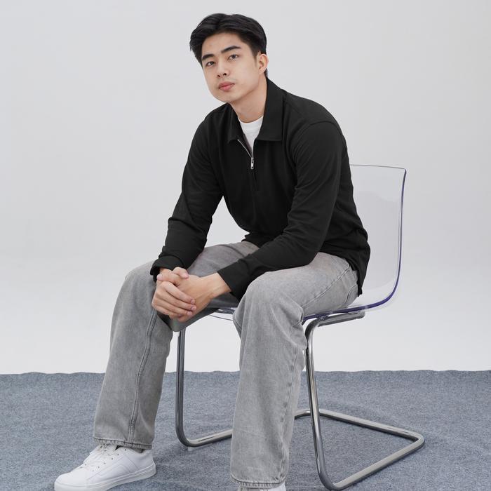 Halfzip Cotton Pique Kemeja Halfzip Cotton Pique Baju Pria Lengan Panjang Slim fit - Black, S Pique 