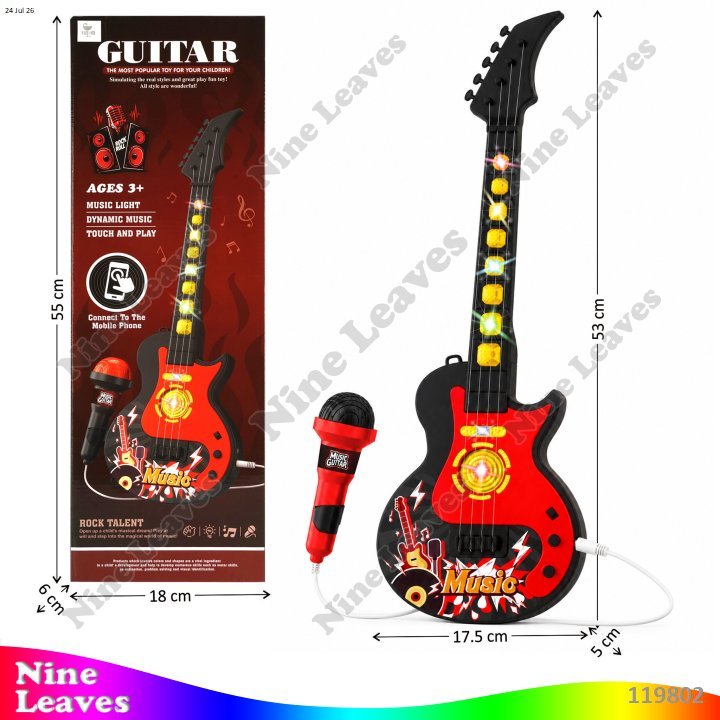 Mainan Anak Gitar B/O Musik Lampu + Mic Bisa Konek Hp Guitar