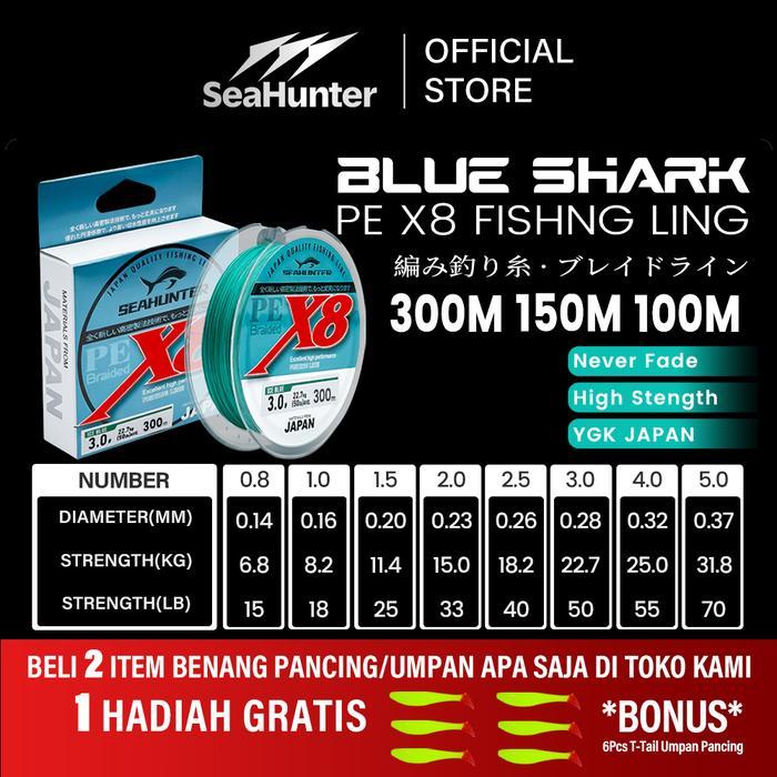 Daiwa - Blue Shark Pe X8 Senar Pancing, 100M/150M/300M Senar Pancing, Tahan Aus Senar Pe X8 Hijau