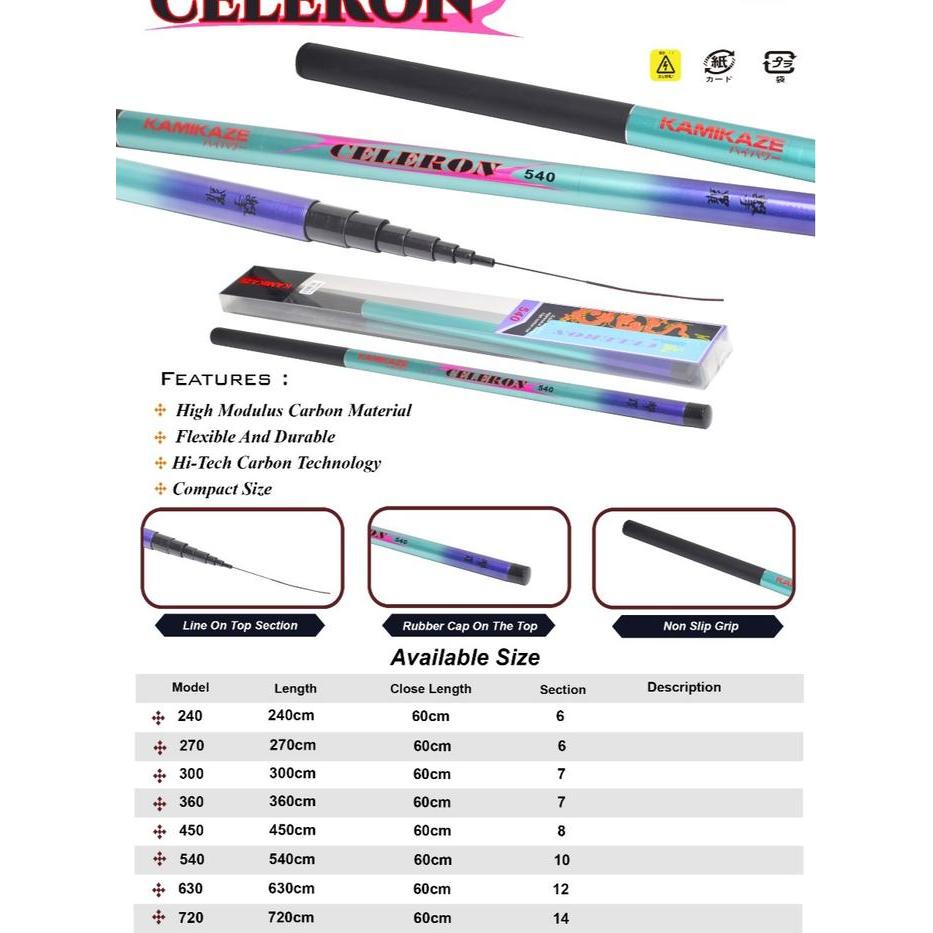 KAMIKAZE JORAN PANCING TEGEK CELERON 240CM - 720CM BAHAN CARBON RUAS PENDEK MUDAH UNTUK DIBAWA