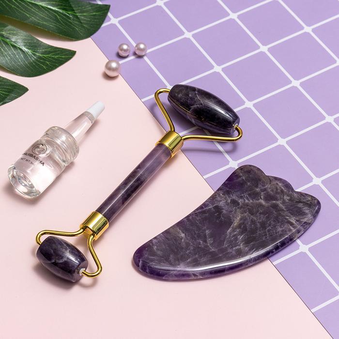Terbaru Gua Sha Wajah Dan Roller Set 2 In 1 Original Dari Batu Asli - Alat Pijat Simetris Perawatan