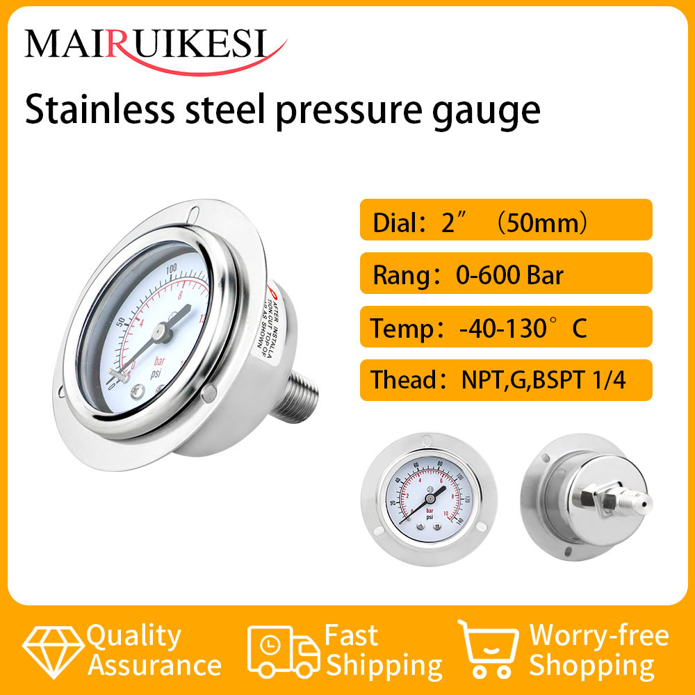 MAIRUIKESI Dry Pressure Gauge 50mm -1-0-600bar Back Connection With Flange 304 Stainless Steel Case