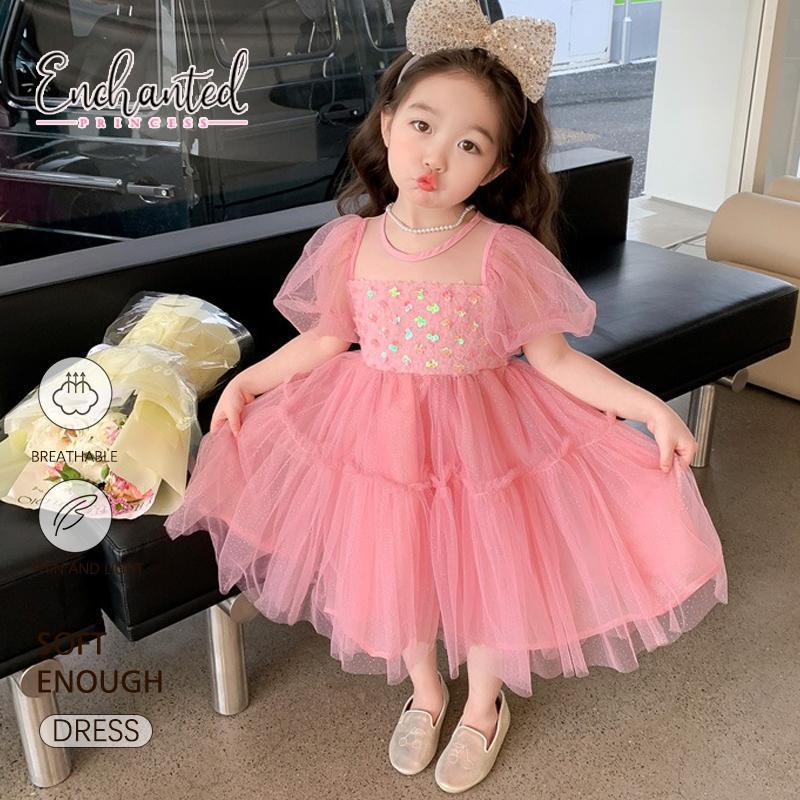 Gaun Pesta Anak Perempuan Pink Cerah Payet Kristal Lengan Gelembung Tulle Rok Lapis Lebar Gaya
