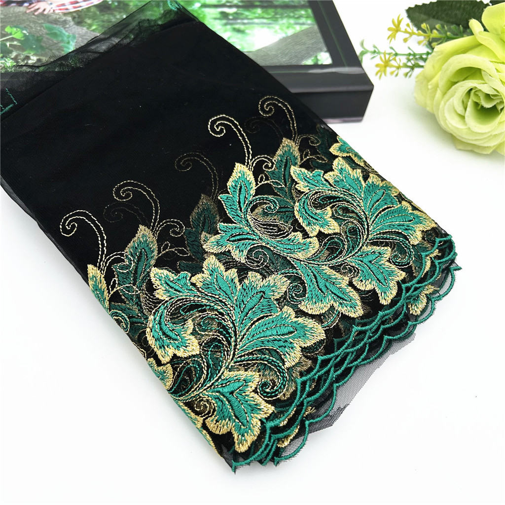 3y/lot Width 19cm Black Green Golden Shimmer Embroidery Lace Trim For Skirt Hem Clothes Sewing Mater